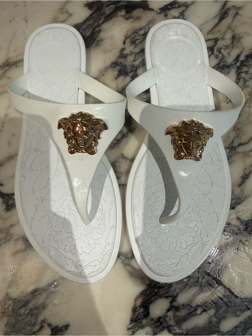 Versace White Thong Sandals with Gold Medusa Emblem